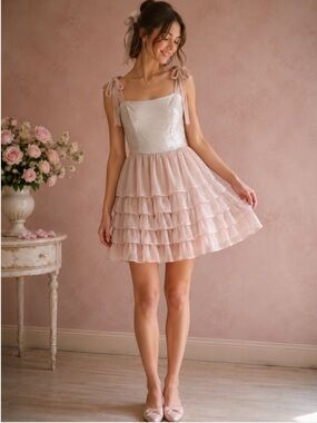 Jacob Blush Sequin Chiffon Tiered Party Dress 8 Tie Shoulder Cocktail Mini Y2k